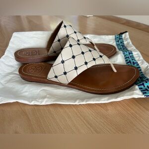 Tory Burch size 9.5 tan with navy logo sandals. Great condition!